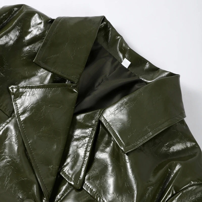 Damen Leder-Minirock-Anzug mit Langarm-Reversjacke und figurbetontem Rock, Frühjahr/Herbst 2026 Motorrad-Outfit – Detail 4