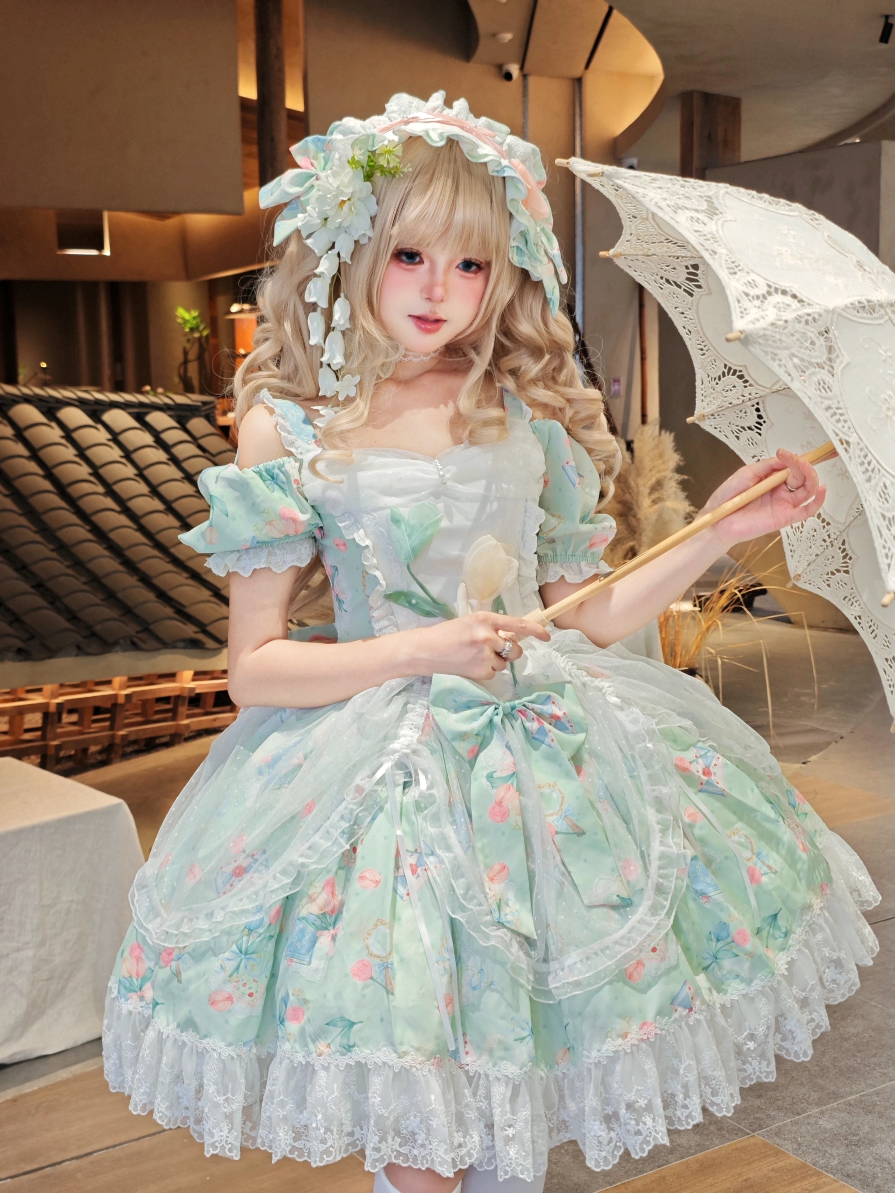 

Summer Fairy Lolita Tulip's Printed Sling Dress Women Elegant Bow Lace Ruffles Off-the-Shoulder Princess Dresses In Stock