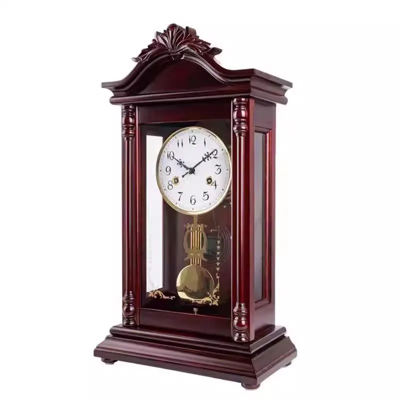 Old vintage solid wood mechanical clock, living room Chinese desktop display, home clock with chain up, creative decoration