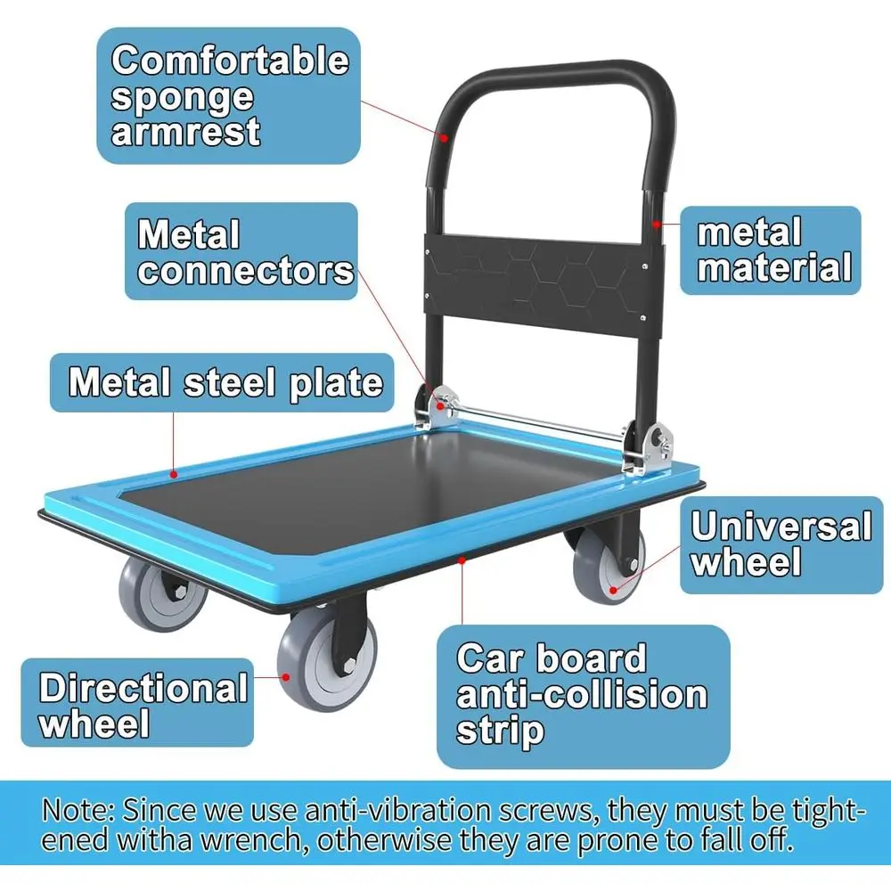 Wytrzymały składany wózek platformowy z obrotem 360 stopni °   Kółka obrotowe, 30,3 cm dł. x 19,7 cm szer., udźwig 900 funtów, niebieskie