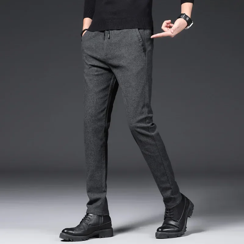 Brand Autumn Winter Brushed Fabric Casual Pants Men Thick Business Work Slim Cotton Black Grey Trousers Male Plus Size 38