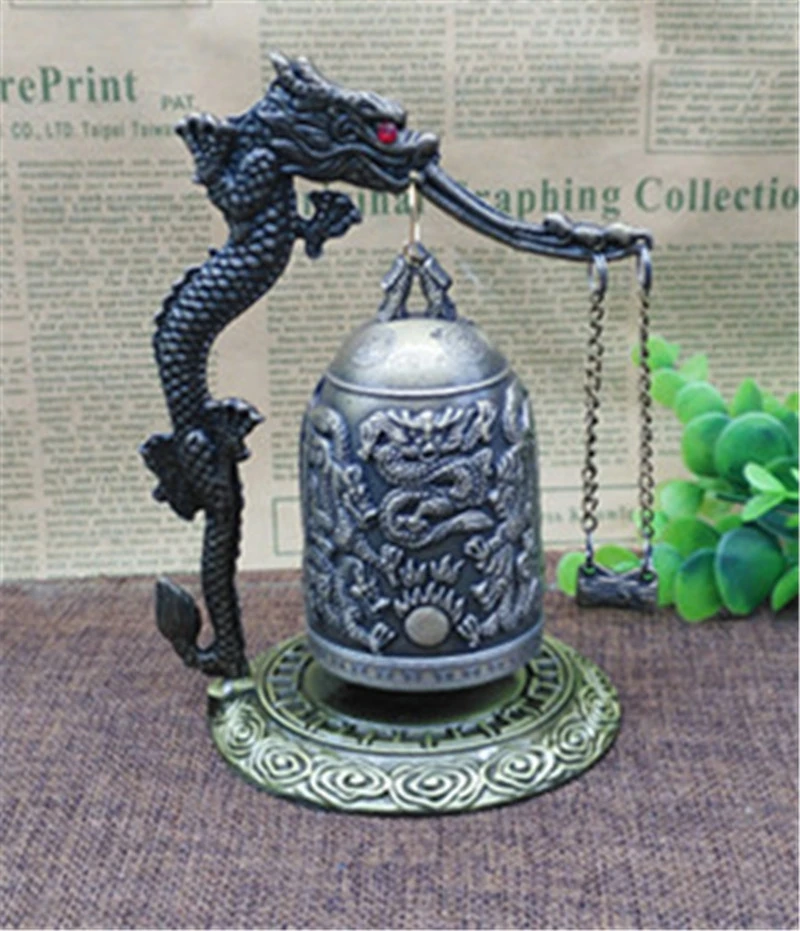 

RED EYES Vintage Dragon Bell Buddhist Small Carved Bronze Collectibles Ornaments Desk Decor