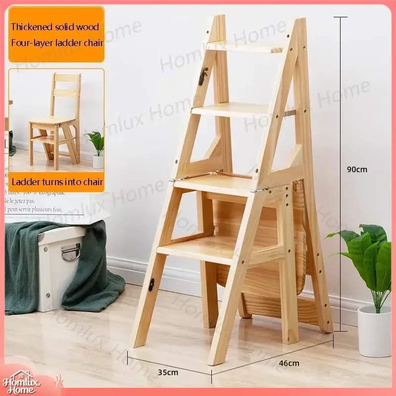 Multifunctional Solid Wood Ladder Chair 2 in 1 Folding Step Stool for Home Indoor Use Convertible Kitchen Ladder and Seat