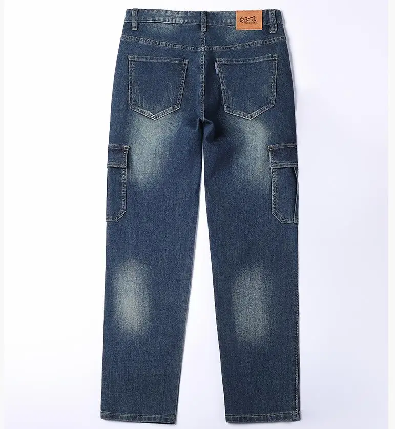 Washed Vintage Blue Multi-pocket Workwear Jeans For Men - straight Fit Trousers In Large Size With Stretch Fabric