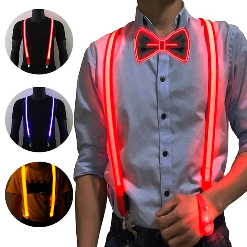 Men's Led Suspenders Masquerade Suspenders Music Bar Wedding Stage Performance Props Valentine's Day Gifts EL Wire Neck Tie