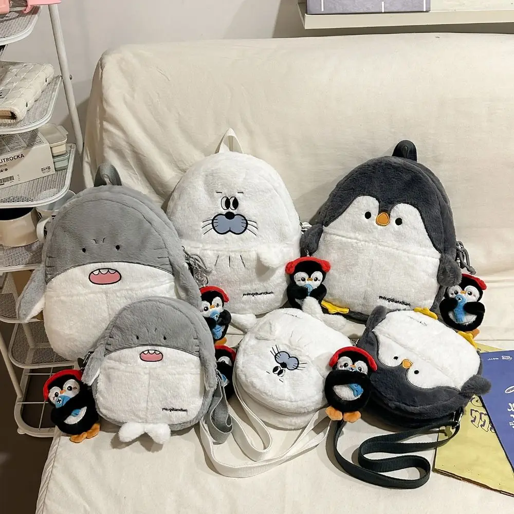 Travel Kawaii Penguin Plush Crossbody Bag Shark Realistic Look Soft Seal Backpack Adorable Fluffy Animal Shoulder Bag Outdoor