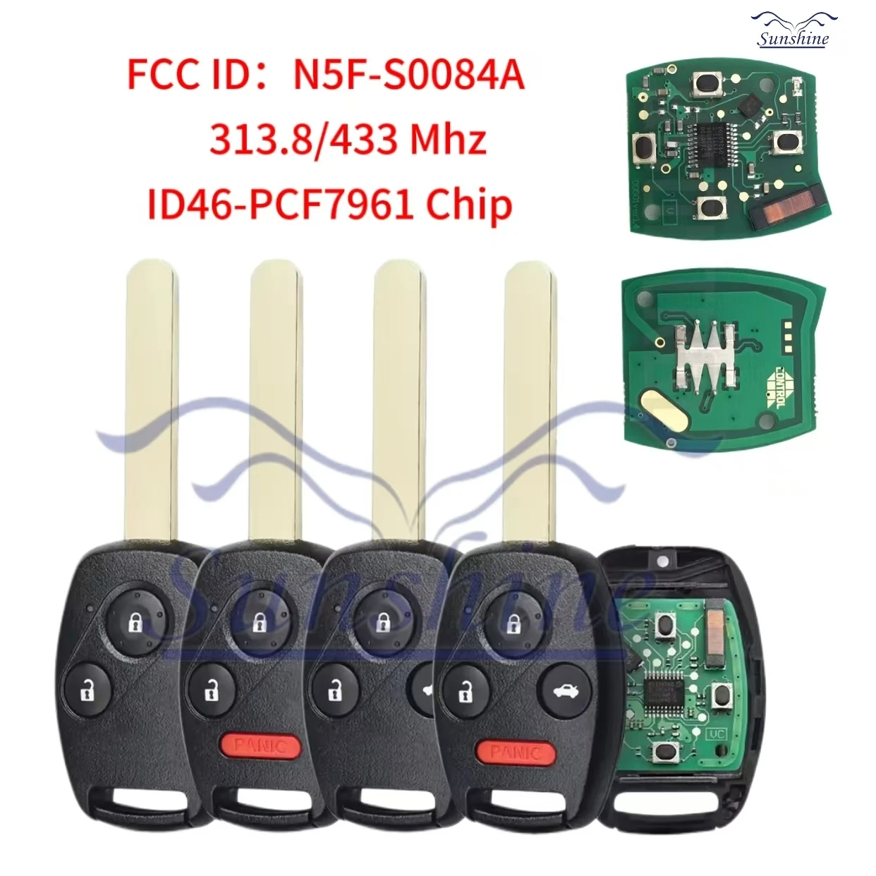 Sunshine car key N5F-S0084-A N5F-S0087-A Remote Car Key For Honda Civic 2006+ ID46 PCF7961 Chip 313.8/433Mhz 2/3/4 Buttons