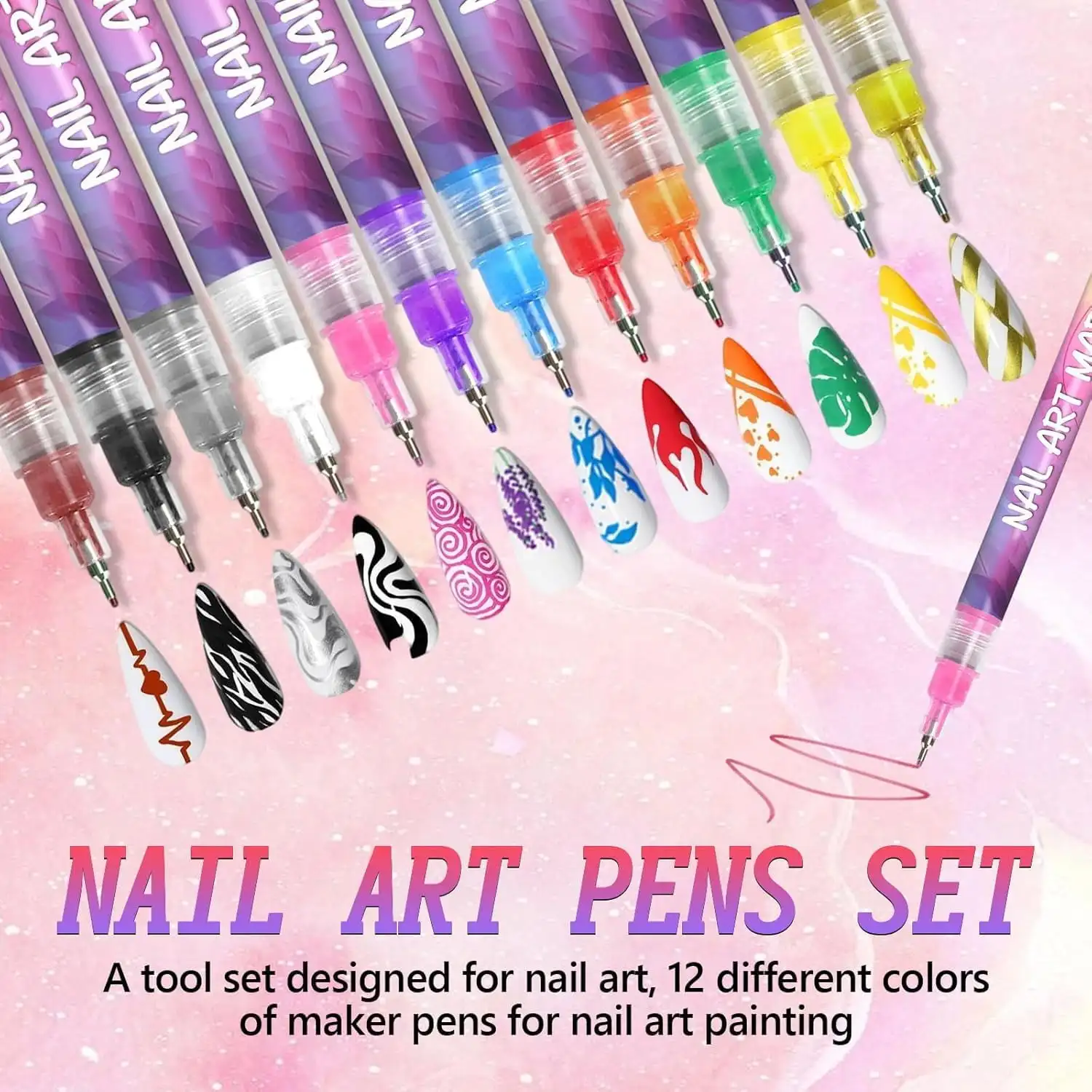 

12 Colors Nail Art Pens Set, 2026 New Nail Art Markers for Gel Nails, DIY Nail Art Marker Drawing Painting Liner Pen