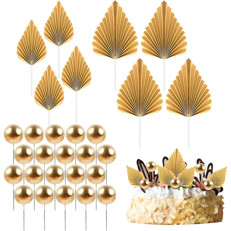 24Pcs Gold Balls Cake Toppers Gold Palm Leaves Cake Decorations Insert Decorations for Birthday Baby Shower Wedding Party Decor