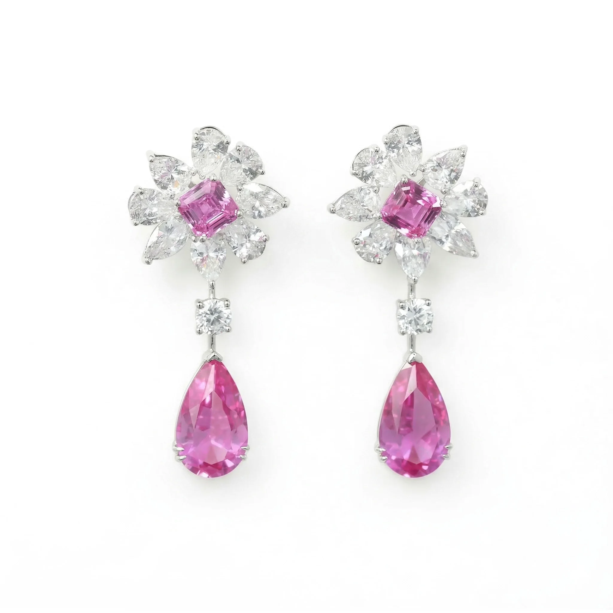 Luxury Lab Grown Pink Sapphire Drop Earrings 925 Sterling Silver Flower Design Fine Jewelry for Women's Banquet Prom Party Gifts