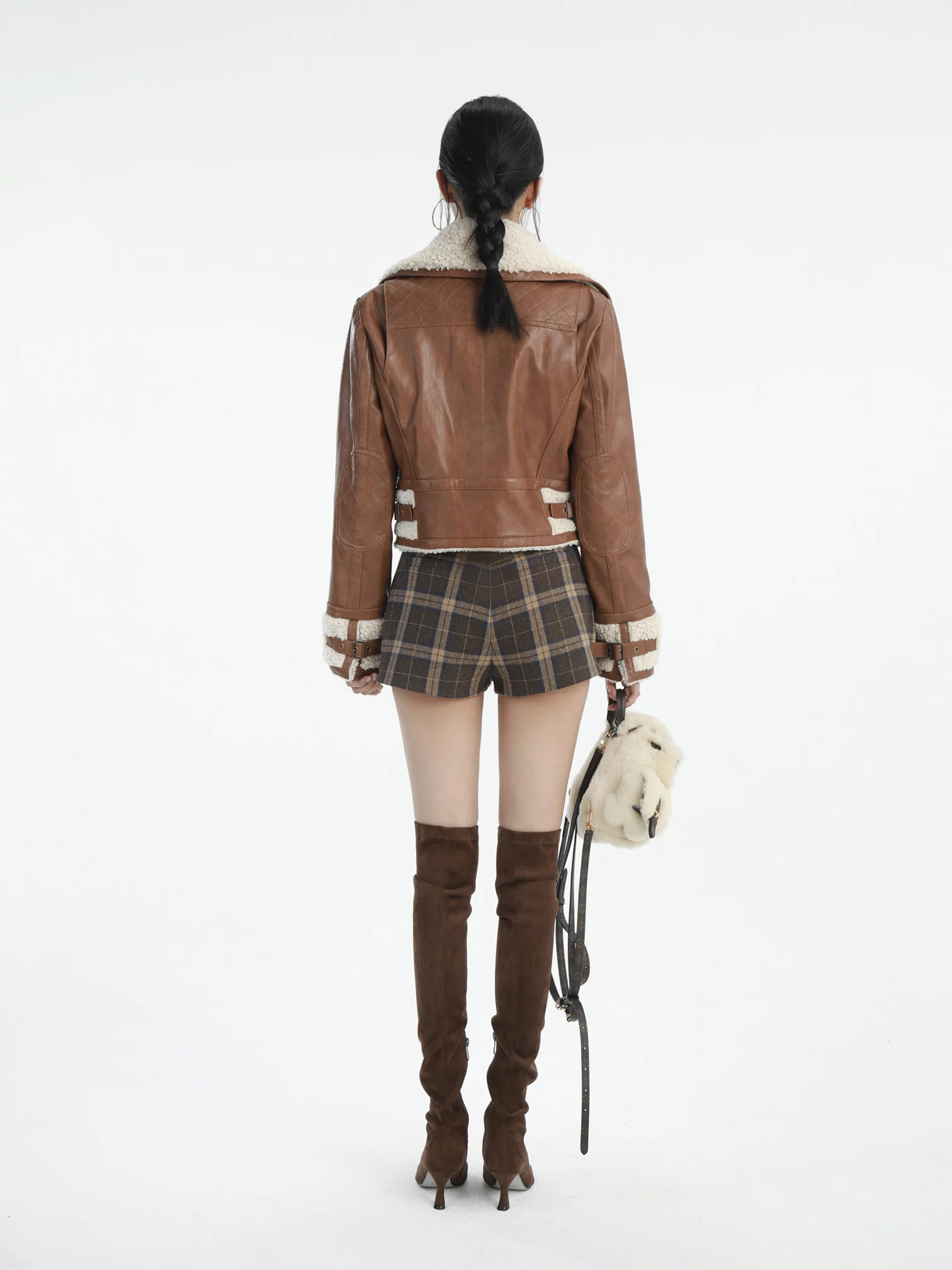 Casaco Feminino Dailyhero de Couro Ecológico para Inverno, Gola Alta, Fechamento com Zíper, Manga Longa, Estilo Casual