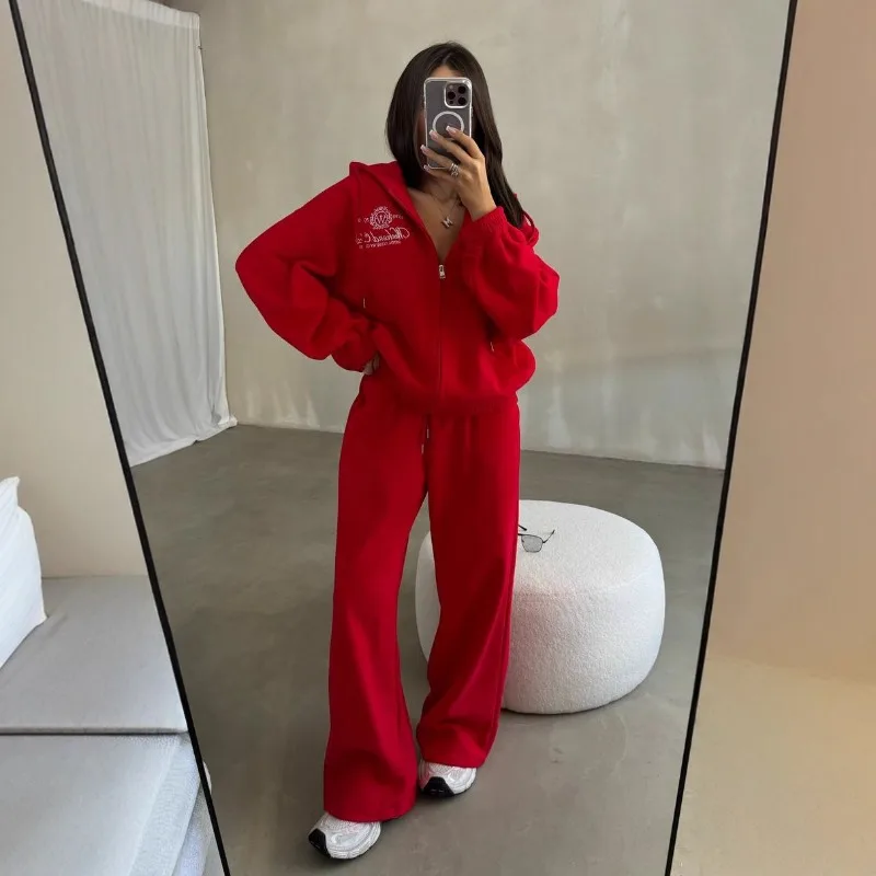 

Осенне-зимние одинаковые комплекты, новый повседневный свитер с капюшоном на молнии, комплект из двух предметов, женские высококачественные повседневные брюки с вышивкой, ленивый комплект