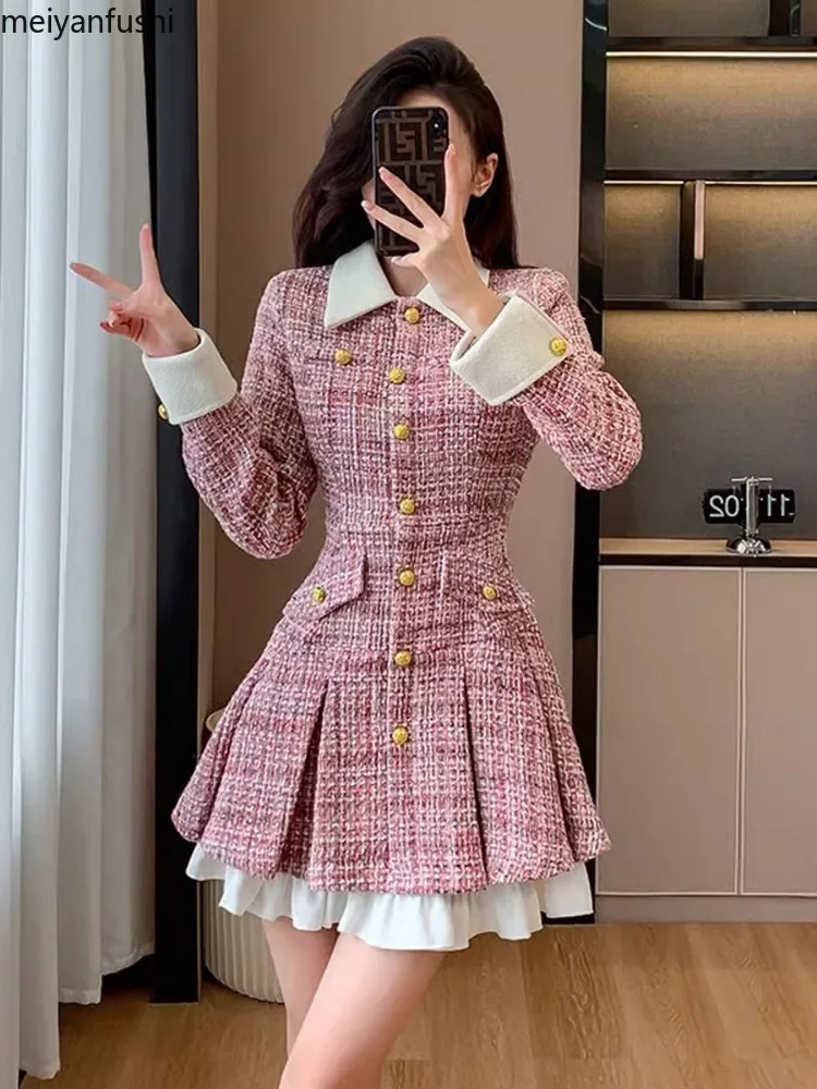 Elegant Flirty Plaid Tweed Mini Dress Women Button-up Front Contrast Collar Cuffs Pleated Skirt Layered Underskirt Spring Autumn