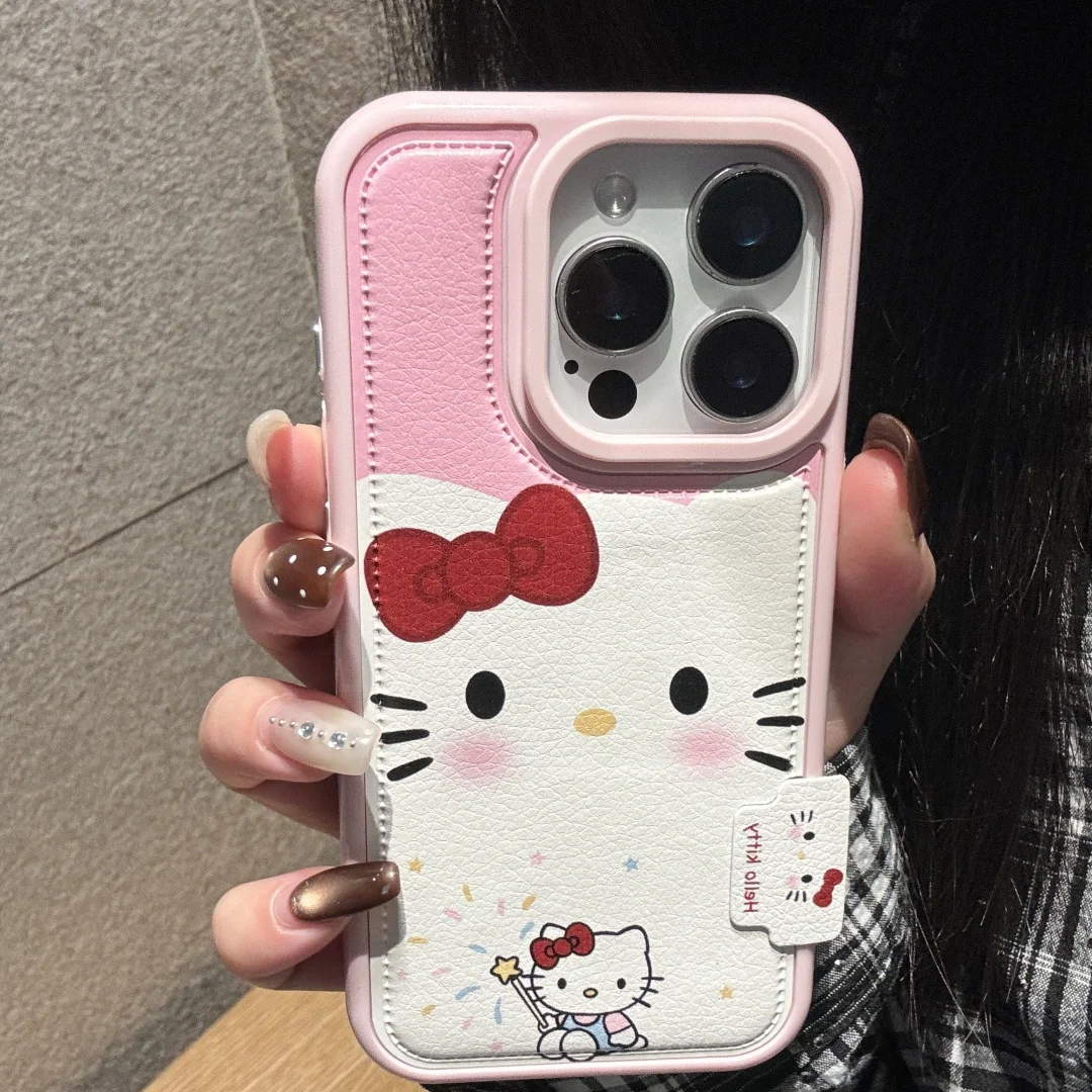 

Kawaii Hellos Kittys Cute Phone Case for iPhone 17 16 15 14 13 Pro Max 14 Plus Pink White Leather Soft Silicone Back