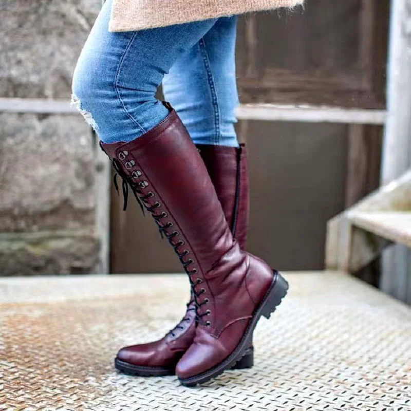 

Knights Women's Boots Flat Bottomed Boots Winter New Round Head Side Zipper Large Square Heel Long Leg High Tube Boots