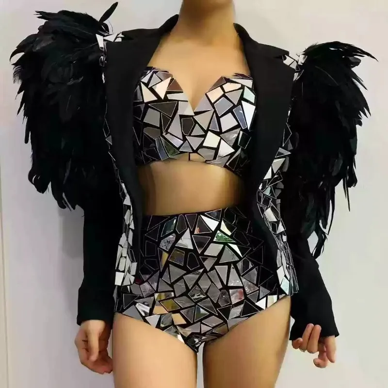 Women Stage Costume 3Pcs Set, Feather Shoulder Blazer + Mirror Tile Top & Shorts for Nightclub Singer Gogo Dancer Performance