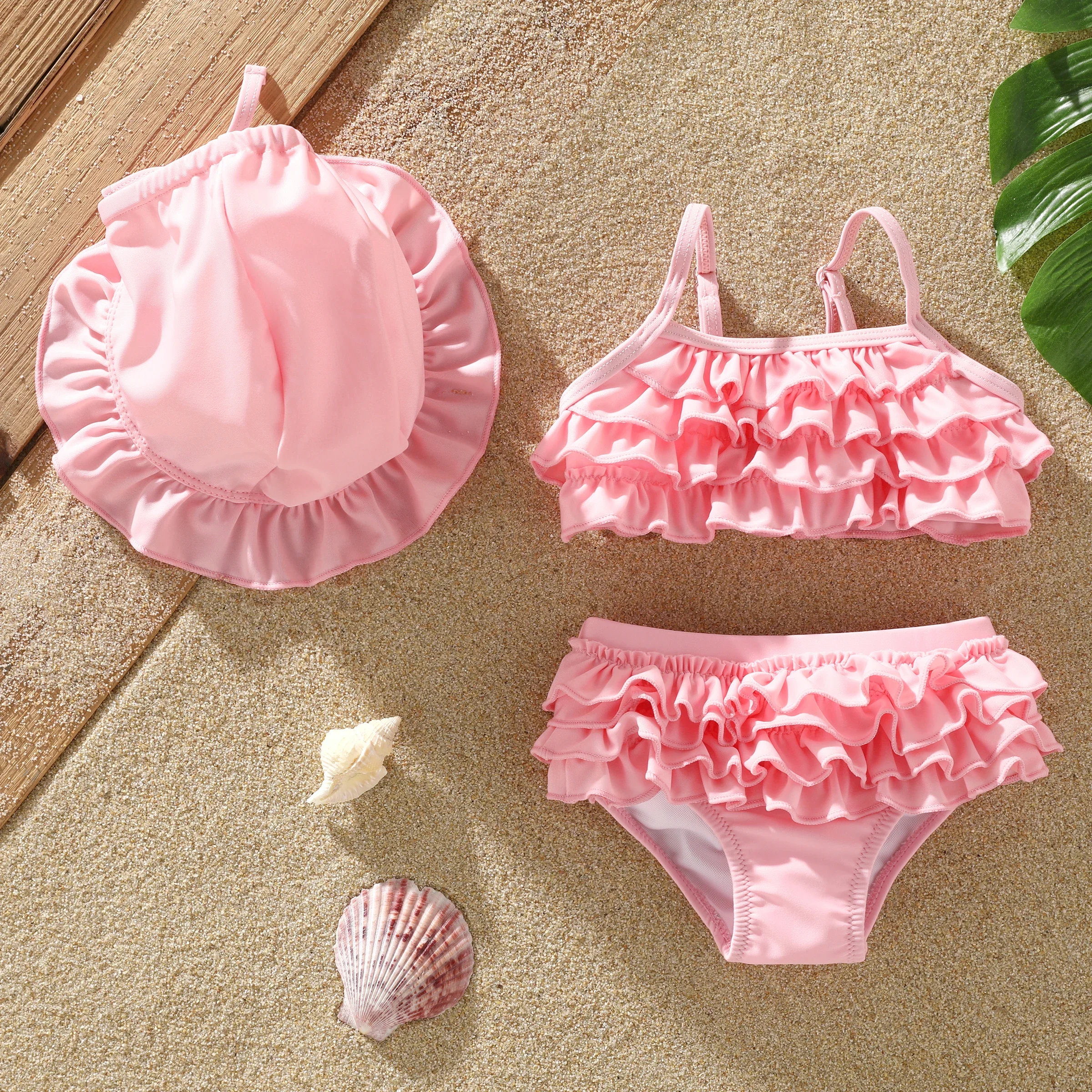 PatPat Sweet Girl's Ruffle Edge 3-Piece Polyester Spandex Swimsuit Set Suitable for Summer Season Soft and Comfortable