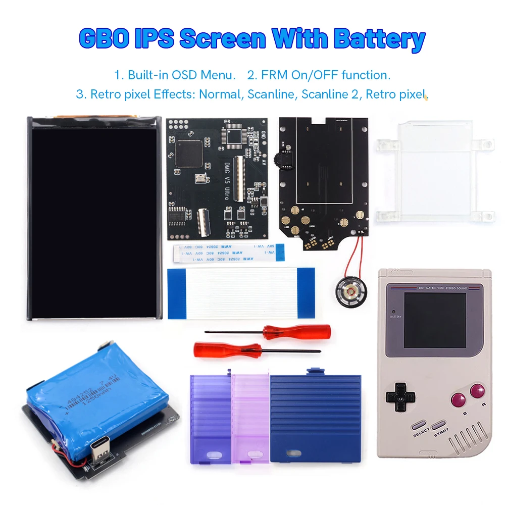 V5 Ultra OSD Menu Full Size RIPS Backlight LCD Screen Kit&Speaker+Pre-cut Shell Case With Rechargeable Battery For Game Boy DMG