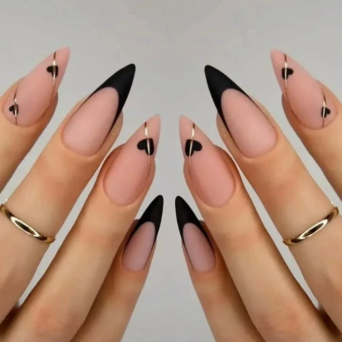 Medium Almond French Press on Nails Black Red Heart Thin Gold Line Minimalist Removable Fake Nails Manicure for Women Girls
