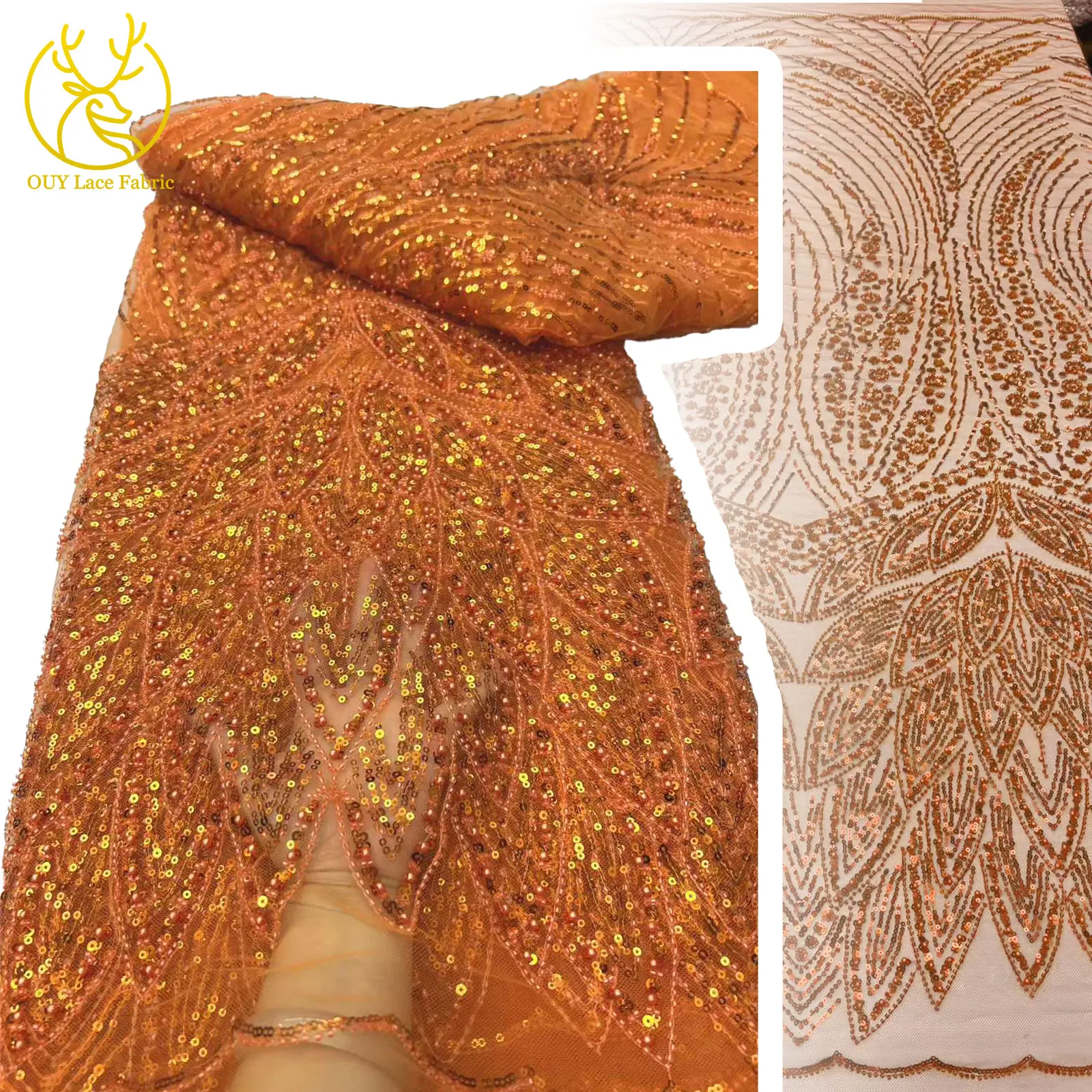

Hot Selling African Beaded Tulle Lace Fabric 5 Yards Fashion French Nigerian Sequins Mesh For Ladies Party Wedding Dress Fabrics