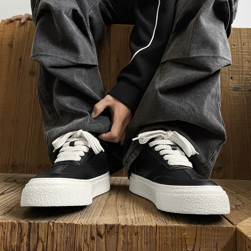 

Четырехсезонные мужские модные универсальные вулканизированные туфли большого размера на толстой подошве и плоском каблуке с круглым носком и шнуровкой