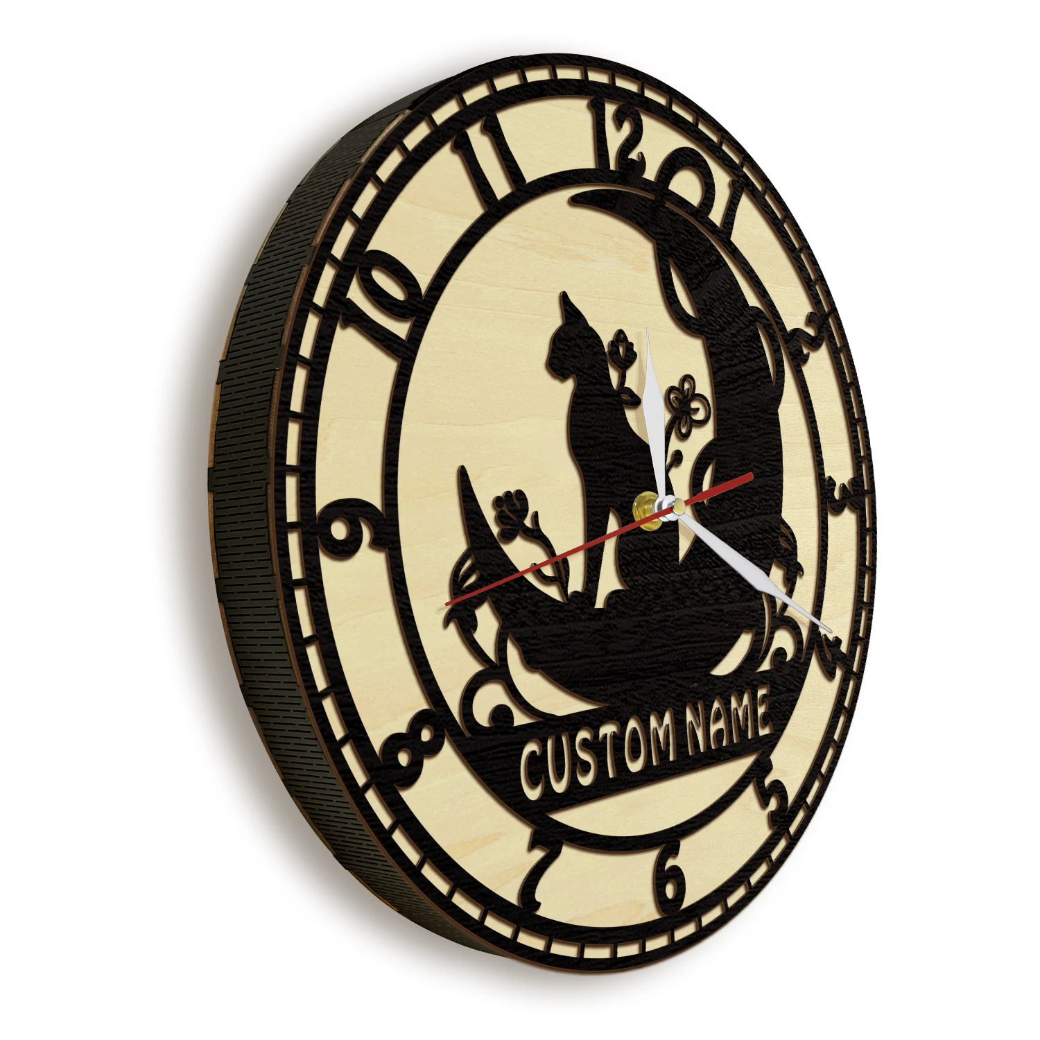 Cat On Moon Custom Wooden Frame Wall Clock Kitty Kitten Wall Art Natural Home Decor Watch Wood Living Hinge Clock Cat Lover Gift