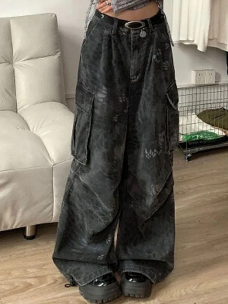 

Women Spring Autumn Street Style Multi Pocket Long Trouser American Style Vintage Camouflage Snake Print Cargo Wide Leg Pants