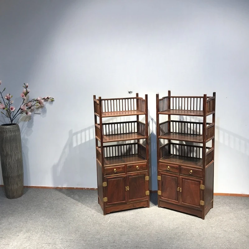 Small and medium bookshelf antique solid wood furniture, three floors and two doors, a pair of c