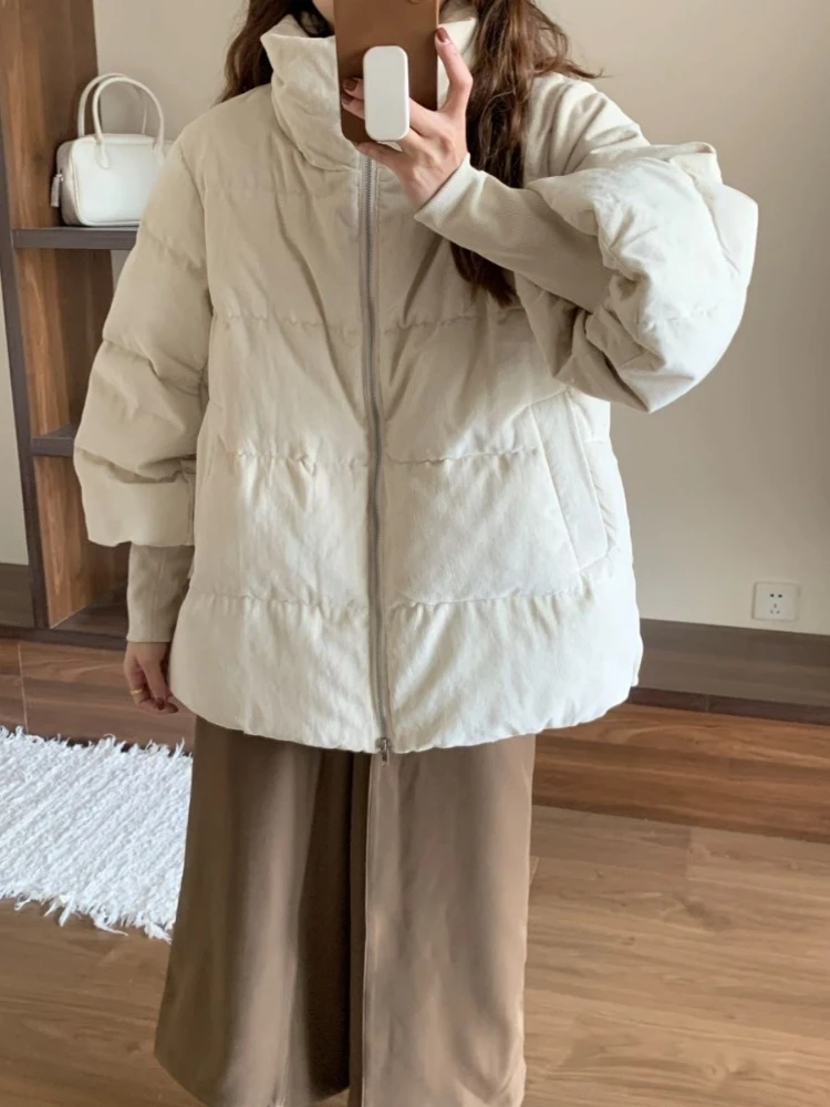 Korean Style Chic Cropped Cord Puffer Parka Women Petite High Neck Lantern Sleeve Loose Fit Thick Warm Winter Casual Streetwear