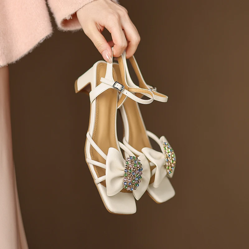 Beige Leather Women Sandals Crystal Bowknot Decor Beach Summer Shoes Narrow Band Square High Heels Lady Silver Fashion Sandalias view 2