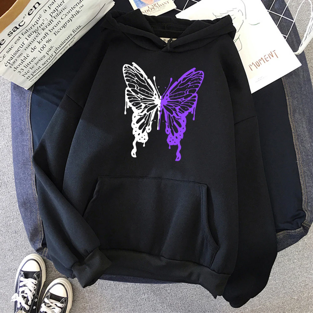 

White And Purple Butterflies Printed Funny Women's Hoodie Comfortable Cotton Blend Autumn Season Fashion Ladies' Sweatshirt