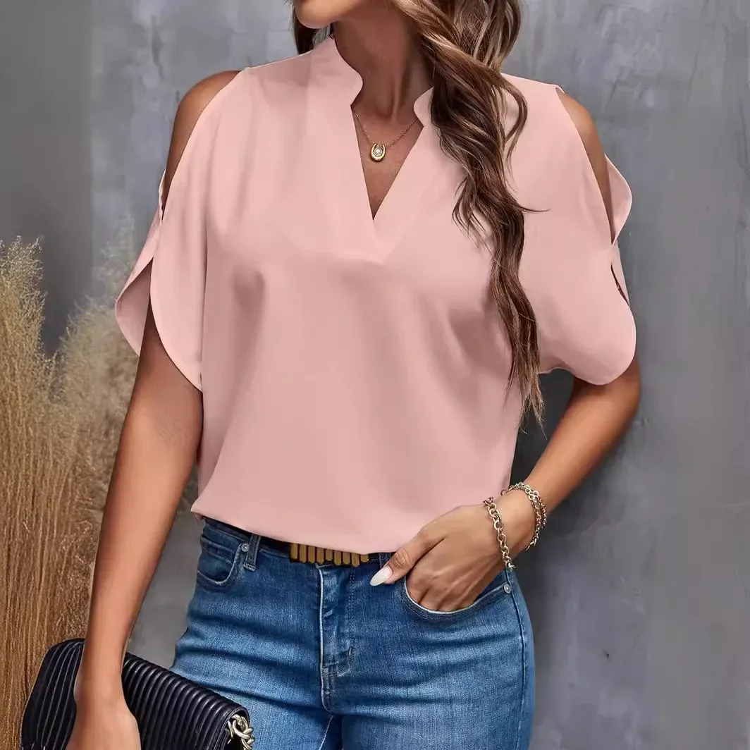 European and American women\'s clothing New solid color V-neck temperament fashion off-the-shoulder sleeve blouse