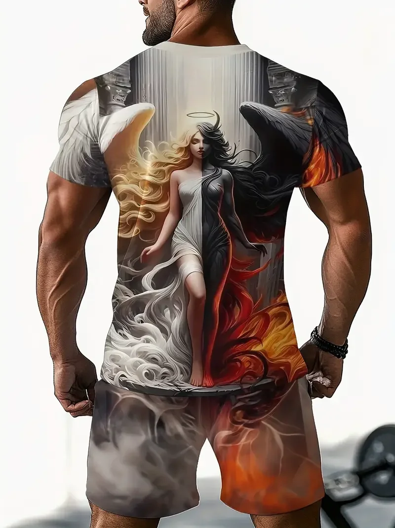 Retro Casual Sports Set with 3D Printed Pattern, Men's Summer Short Sleeved Round Neck T-shirt Color Blocking Set