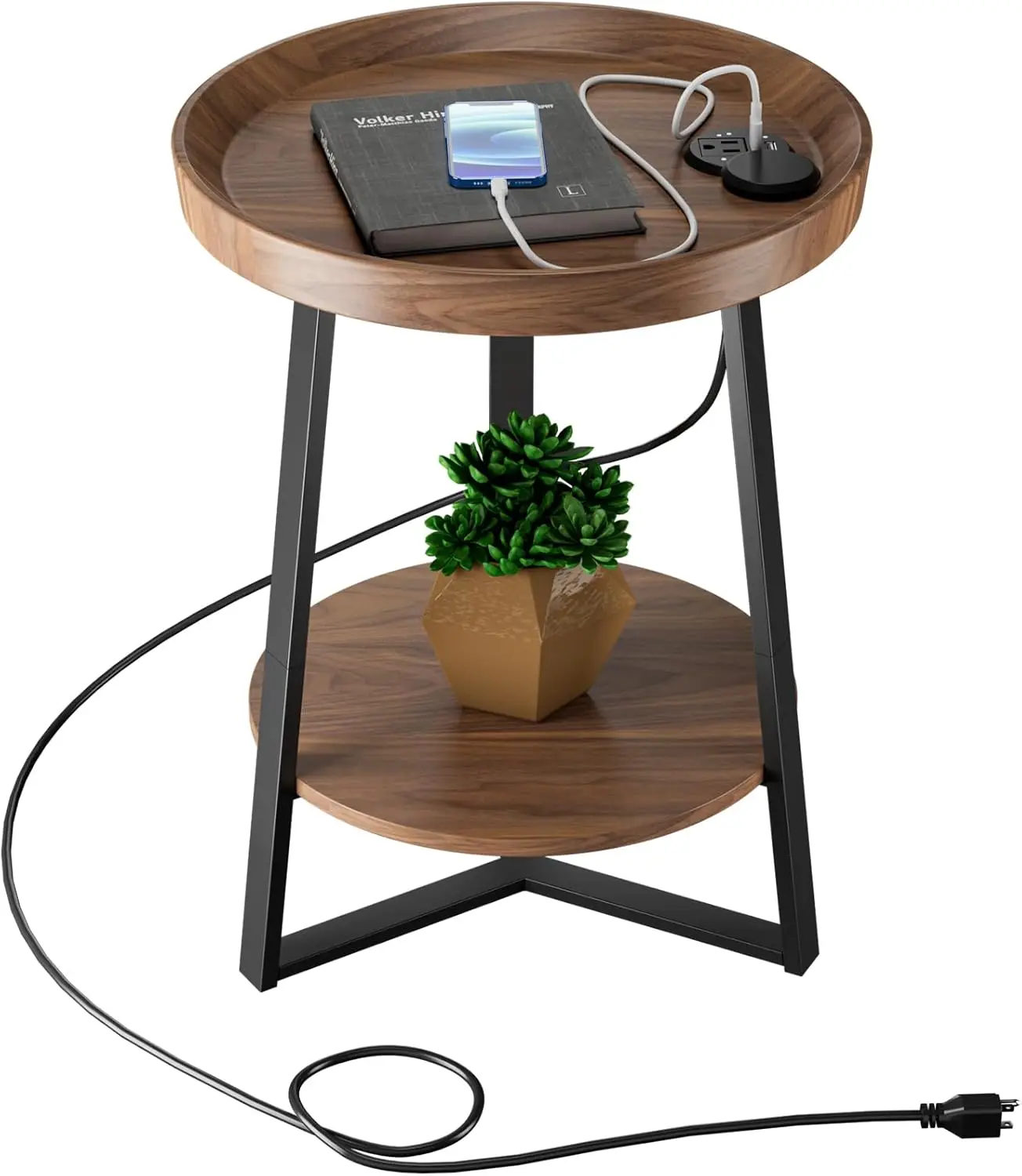 

Round End Table with USB Charging Station, Wood Top & Metal Frame for Living Room, Bedroom, Brown