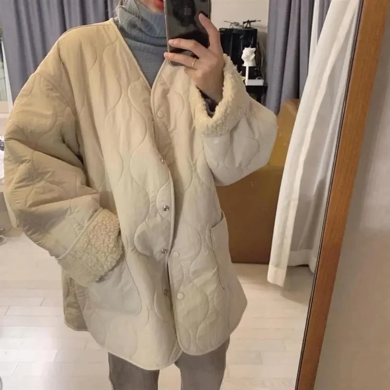 Cotton Jacket 2023 Autumn Winter Women New Fashion Simple Commuting Retro Patchwork Warm Cotton Wave Pattern Loose Cotton Jacket