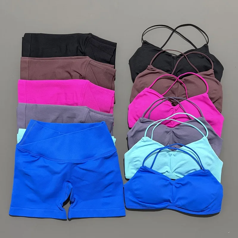 2 قطعة رؤية الصالة الرياضية مجموعة النساء اليوغا المحاصيل الأعلى عالية الخصر Scrunch سلس السراويل حمالة صدر رياضية الرياضة البدلة الرياضية تجريب مجموعة