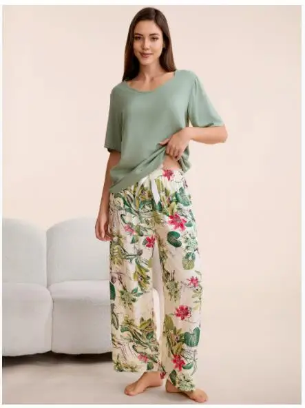 Breathable 2PCS Pajama Short Sleeve Printed Pijama Mujer Femme Loose Nightwear Suit Female Casual Homewear Pajama Set For Women 3
