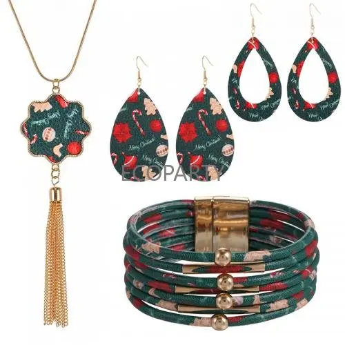 

Christmas Jewelry Set for Women PU Leather Wrist Wreath Earring and Necklace Zinc Alloy Gold Christmas Gift Anime Accessories