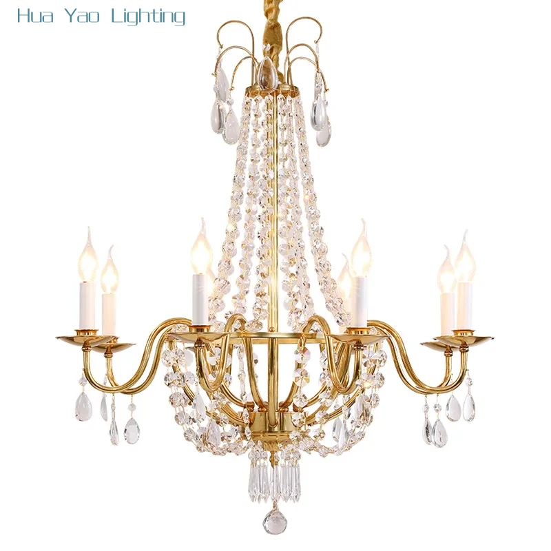 

French European Style Modern Brass And Crystal Pendent Light, Ideal Chandelier For Hotel, Restaurant Aisle, Villa Living Room