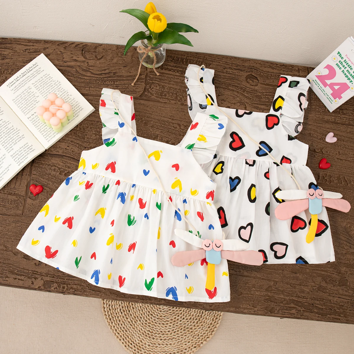 Newborn Baby Girl Comfortable Cotton Dress Colourful Heart Shape Printed with Dragonfly Decoration