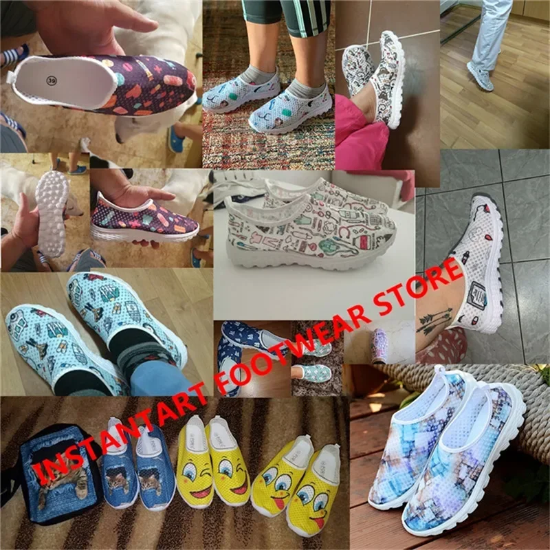 Cute 3D Cat Printing Female Mesh Sneakers Breathable Slip-on Loafers Lightweight Women Flat Shoes Casual Footwear