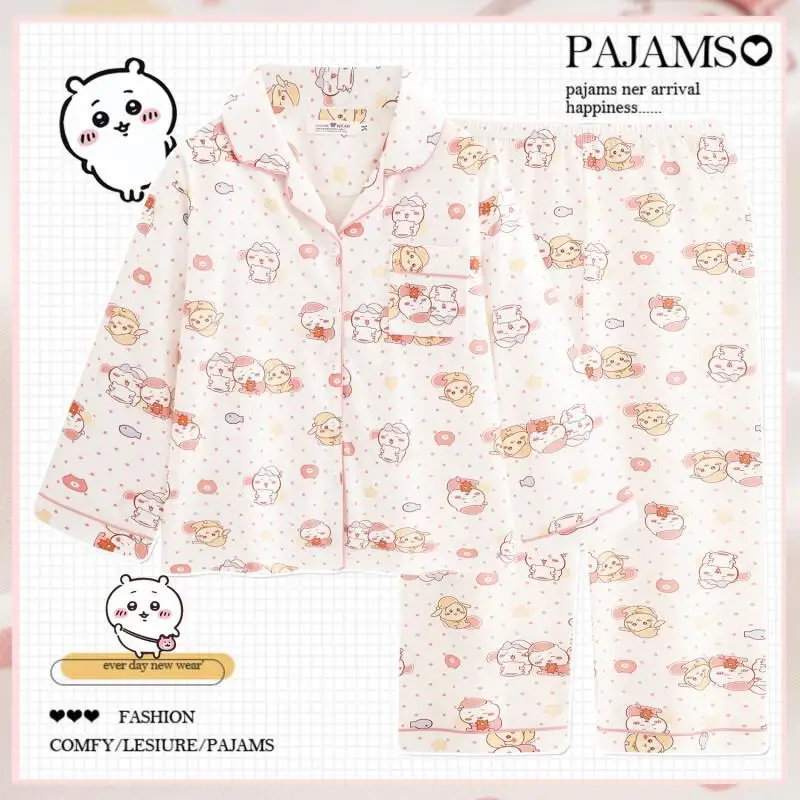 Anime Chiikawa Women's Pajamas Cartoon Usagi Nightwear Hachiware Long Sleeved Long Pants Homewear Pure Cotton Home Clothes Set