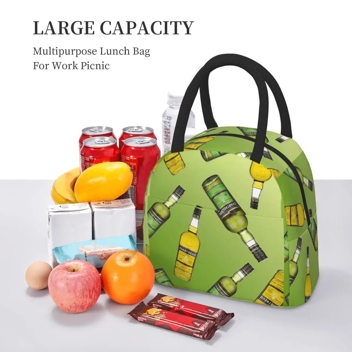 Green Chartreuse Bottle Oil Painting Drink Insulated Lunch Bag for Women Office Cooler Thermal  Lunch Boxes Container