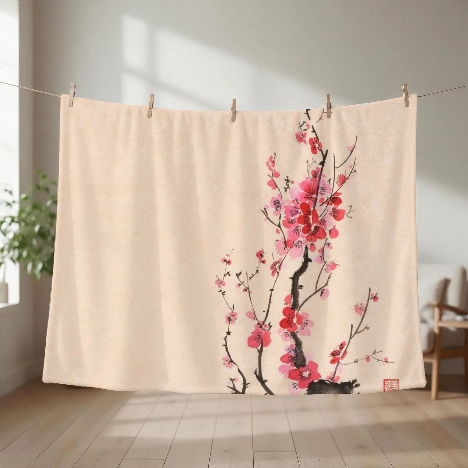 Japanese sumi-e ink painting of an iconic plum blossom branch with red flowers on beige background art print Throw Blanket