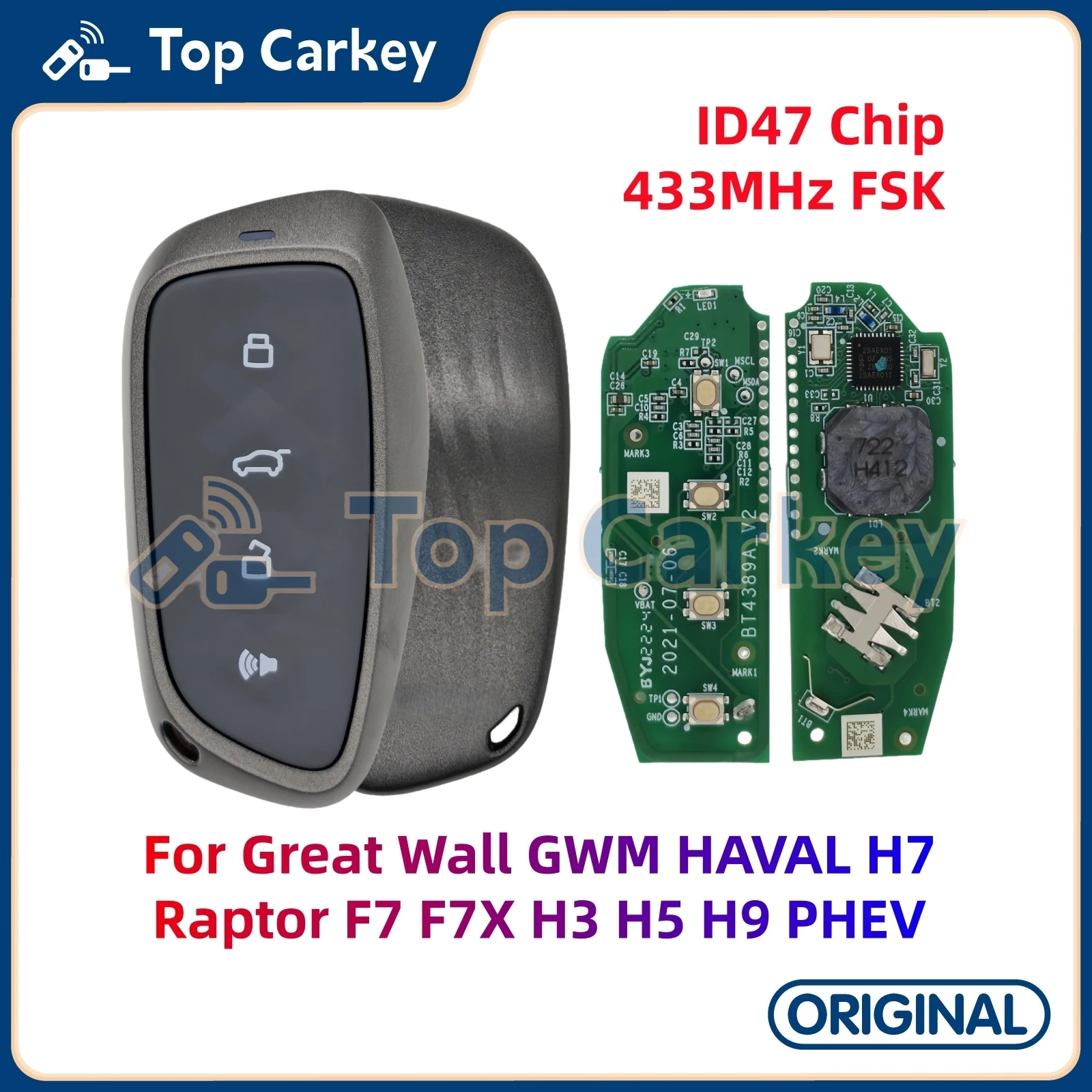 

TopCarkey Original Smart Remote Key ID47 Chip 433MHz FSK for Great Wall GWM HAVAL H7 Raptor F7 F7X H3 H5 H9 PHEV