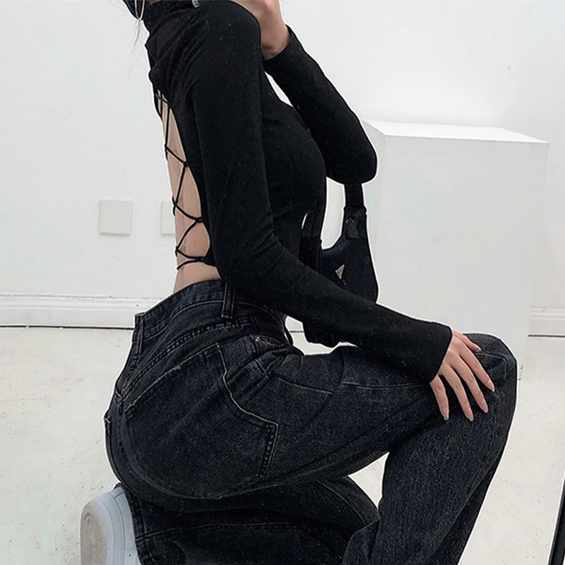 Sexy Harajuku ouvert Ba t-shirt Long Sve haut pour les femmes à la mode Streetwear Sle confortable coton matériel