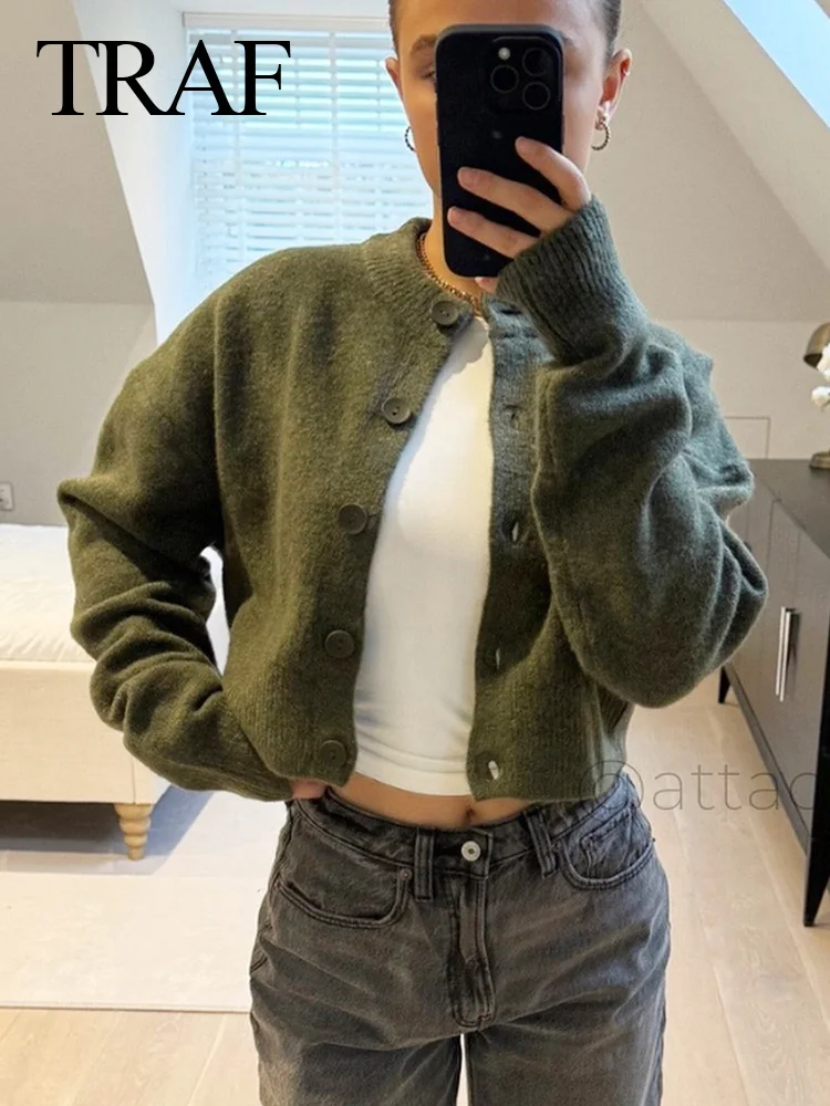 TRAF 2023 Autumn New Women Fashion Casual Solid Knitted Cardigan Sweater Long Sleeve Single Button Green Sweaters Lady Outwear