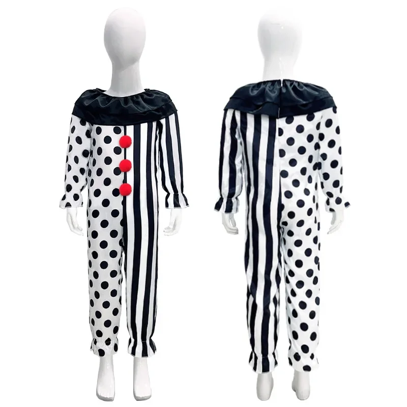 Kids Clown Cosplay Halloween Costume with Mask Hat Terrifier Clown Dress Child Jumpsuit Outfits for Boys Girls Carnival Part^0^.