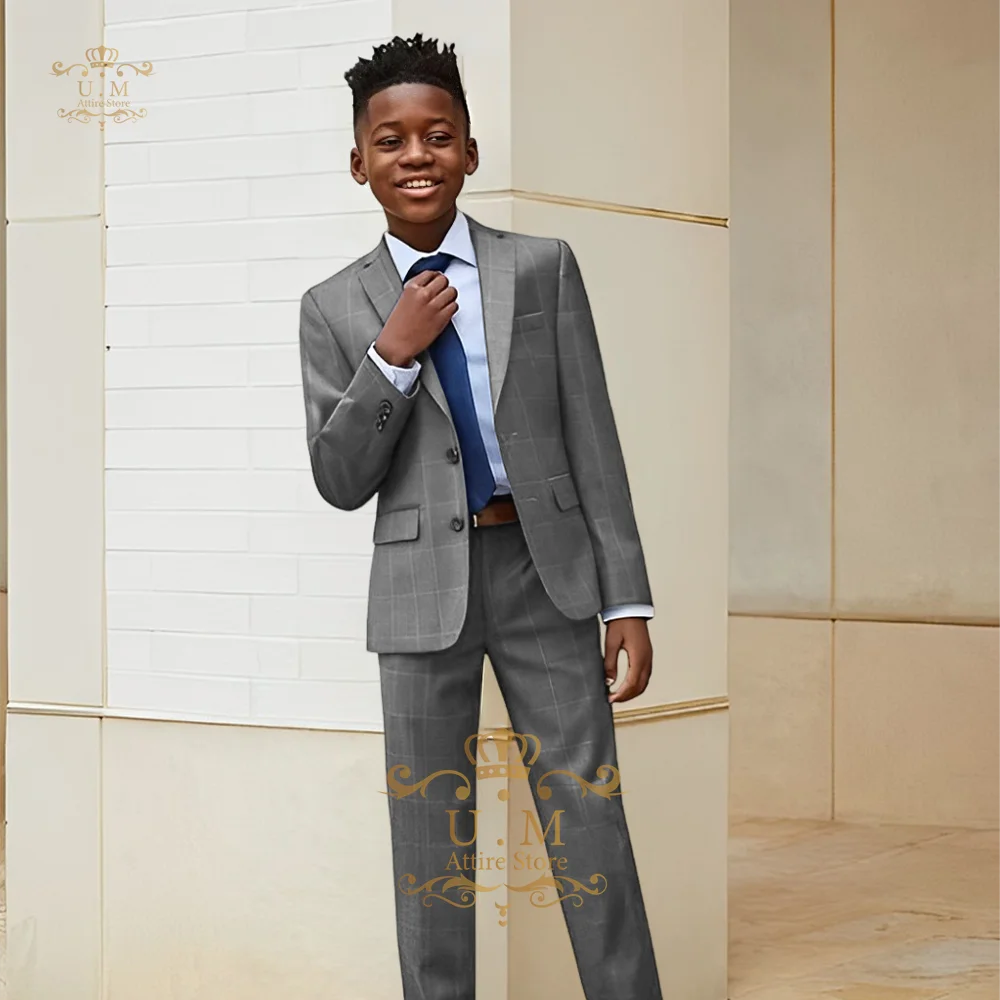 Boy uniform 2-piece suit (jacket+pants) blue checkered notch lapel blazer for wedding prom Thanksgiving party kids birthday gift