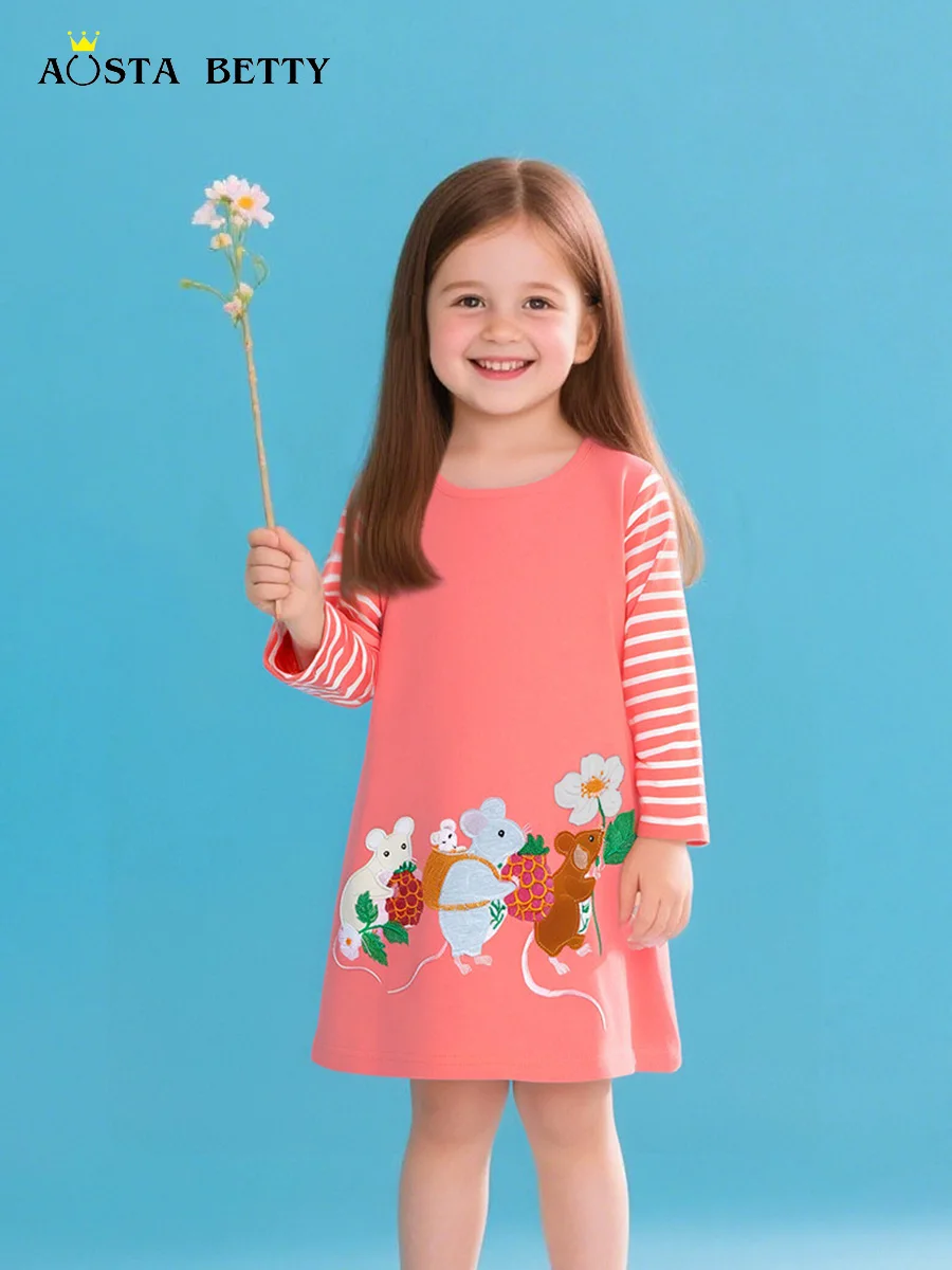 New girls' dresses in autumn, embroidered children's princess dresses in Europe and America, baby cartoon striped knitted cotton